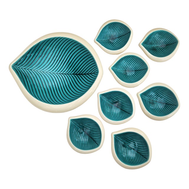 Vintage French Verceram Leaf Plate with Small Dishes, 1950s, Set of 8 For Sale