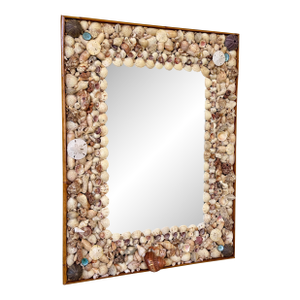 1970’s Custom Organic Coastal Seashell Mirror With Refinished Rattan Trim