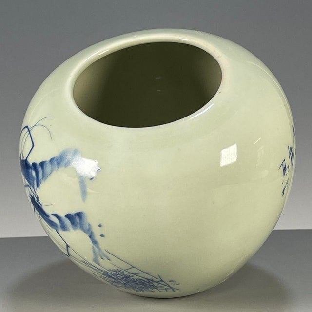 Vintage Chinese Celadon Glaze Blue & White "Shrimp" Brush Washer / Water Pot For Sale In Los Angeles - Image 6 of 9