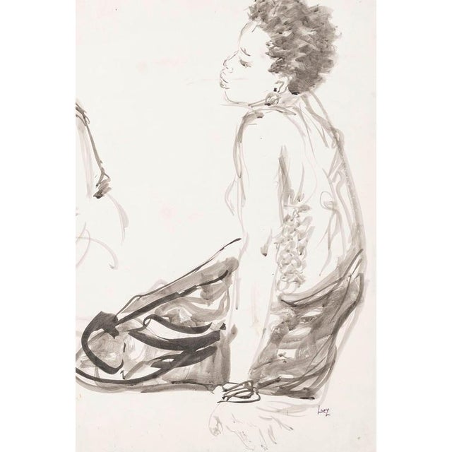 Watercolor on paper depicting a seated African woman by Evelyne Luez, 20th century. 20th-century watercolor on paper...