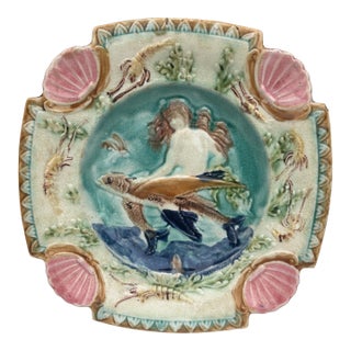 19th Century Square Majolica Mermaid Wall Plate Nimy Les Mons For Sale