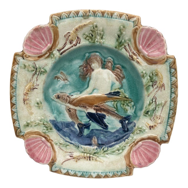 19th Century Square Majolica Mermaid Wall Plate Nimy Les Mons For Sale