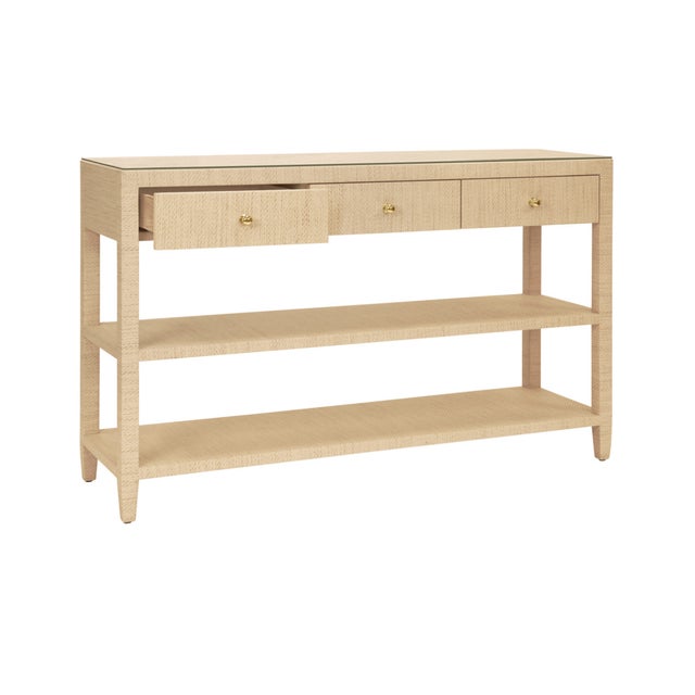 Worlds Away Matthew Izzo Home Briar Natural Grasscloth Three Drawer Console Table With Brass Knobs For Sale - Image 4 of 7