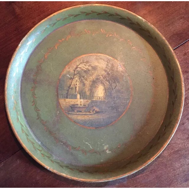 Antique 19th Century Round French Tole Tray with Neoclassical Scene and Pale Green Ground For Sale - Image 4 of 13