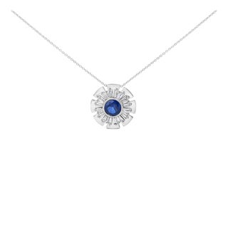 Sterling Silver Lab Grown Blue Sapphire and 1 1/5 Cttw Diamond Sunburst Pendant Necklace For Sale