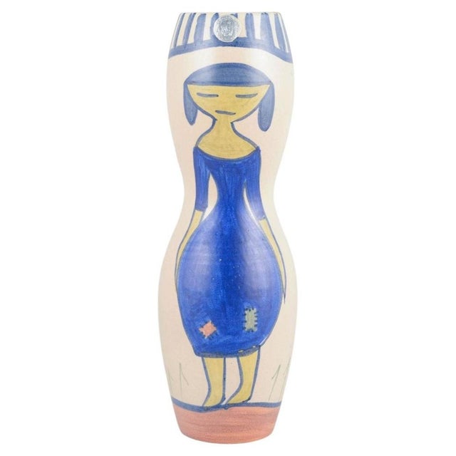 1970s Ceramic Vase with Woman in Blue Dress Motif from Krukmakaren, Ystad, 1970s For Sale - Image 5 of 5