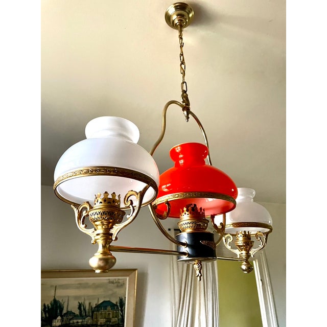 Neoclassical Gilt Chandelier with White and Orange Domes, 1950 For Sale - Image 9 of 13