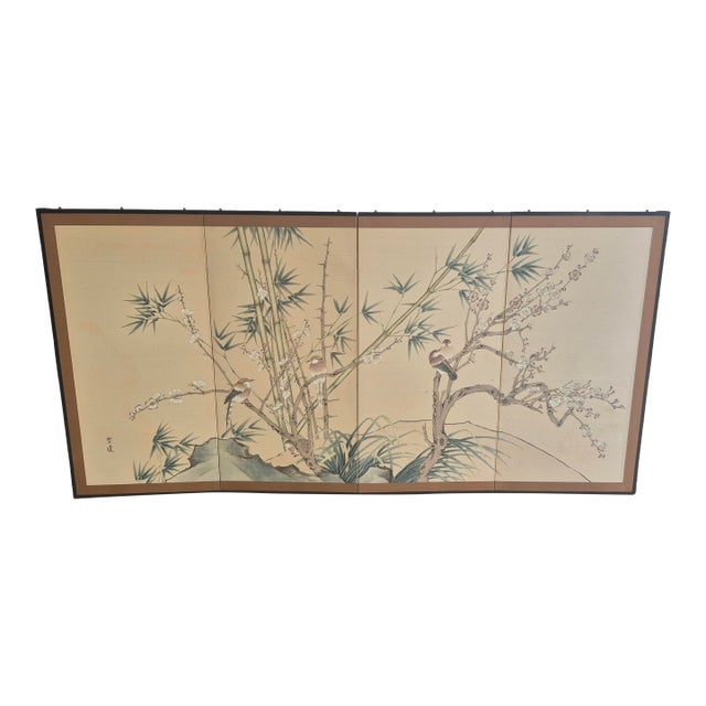 Vintage Four-Panel Painted Silk Screen "Sparrows in Bamboo" ~Signed For Sale