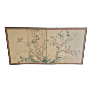 Vintage Four-Panel Painted Silk Screen "Sparrows in Bamboo" ~Signed