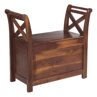 1970s Rustic Farmhouse Solid Wood Flip-Top Storage Bench For Sale