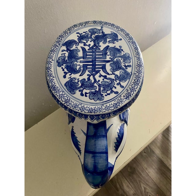 Vintage Ceramic Chinoiserie Blue & White Elephant Plant Stand or Garden Stool For Sale - Image 9 of 12