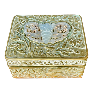 Antique Chinese Incised Brass Box With Carved Jade Inset