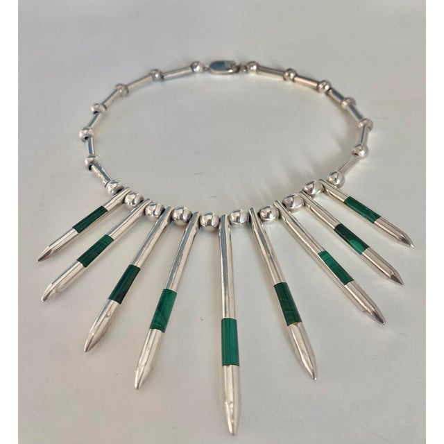 Antonio Pineda Taxco Sterling Silver + Malachite Modernist Necklace, Mexico 1970s For Sale - Image 4 of 13