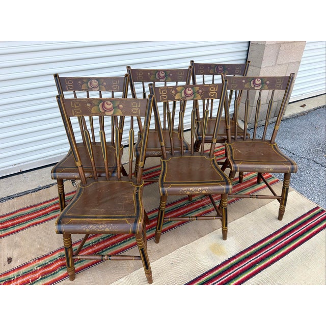 Antique Pennsylvania Folk Art Set of 6 Paint Decorated Arrow-Back Windsor Chairs, Circa 1850s For Sale - Image 16 of 17