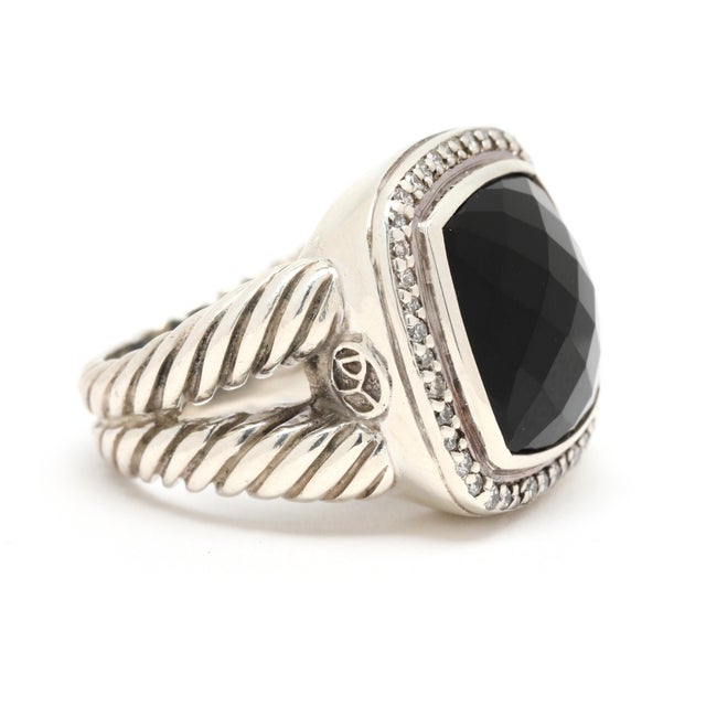 Stones: black onyx checkerboard cushion 14 mm diamond round brilliant cut Ring Size: 6.5 Rise Off Of Finger: 8 .6 mm...