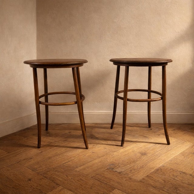 A matching pair of round wooden side tables with a lightweight bentwood structure and classic circular supports. These are...
