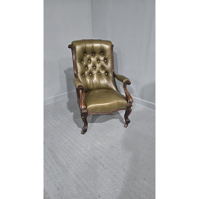 Green Leather & Rosewood Library Chair For Sale - Image 8 of 8