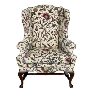 Late 20th Century Crewel Embroidered Floral Wingback Arm Chair For Sale