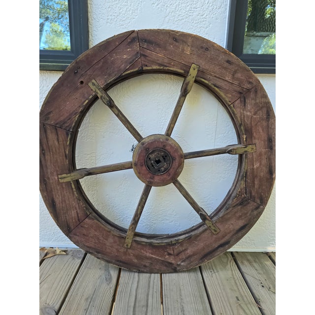 Brown Large Industrial Wooden Pulley Wheel With Vintage Stenciled Lettering — 30” For Sale - Image 8 of 10