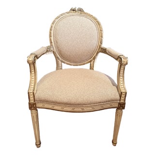 Vintage 1940s Louis XVI French Revival Neoclassical Giltwood Bow-Crest Armchair For Sale