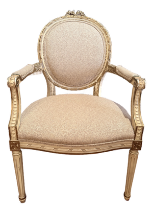 Vintage 1940s Louis XVI French Revival Neoclassical Giltwood Bow-Crest Armchair