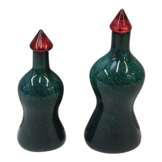Signed 1950s Ercole Barovier Art Glass Bottles With Stoppers - Set of 2 For Sale