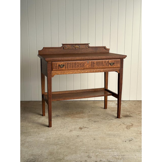 Antique Quarter Sawn Oak Console Table With Carved Gallery Back For Sale - Image 16 of 17