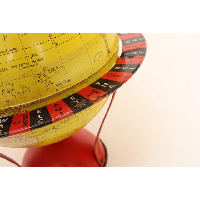 Vintage Replogle Yellow and Red Tin Litho "Globe Grams' Spinning World Globe For Sale - Image 9 of 18