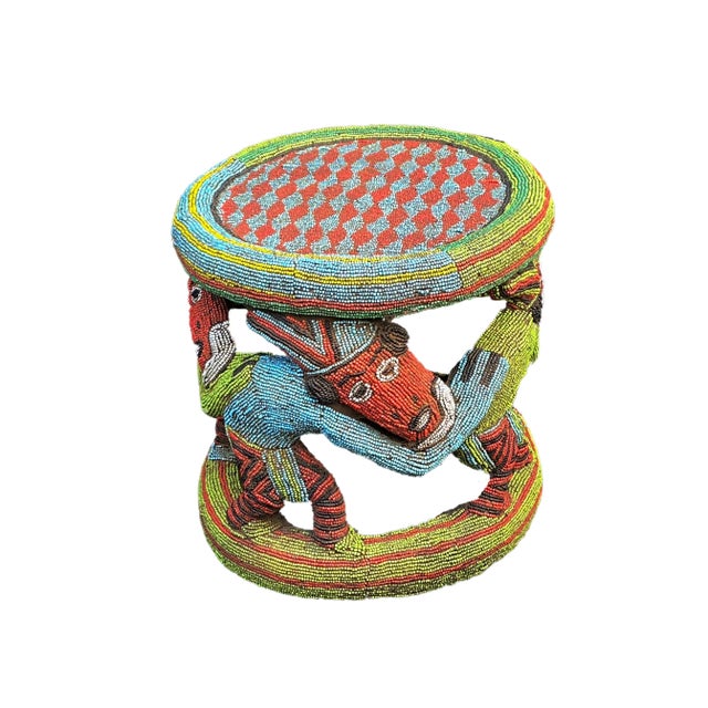 African Large Nobility Beaded Wood Bamileke Throne /Table/ Stool Cameroon 21" D For Sale - Image 3 of 9