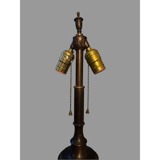 Early 20th Century Arts& Crafts Bradley & Hubbard Table Lamp Reverse Painted Ribbed 6 Panel Scenic Glass Shade For Sale - Image 9 of 12