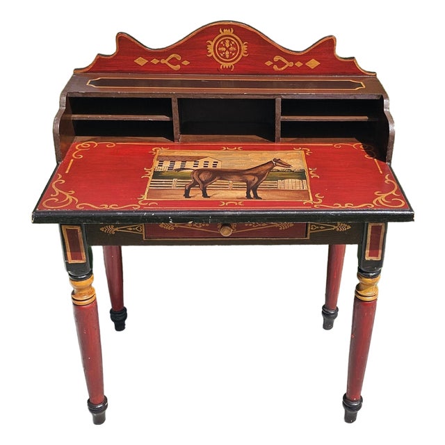 Three Hands Corp. Hand-Painted Equestrian Folk Art Secretary Desk For Sale