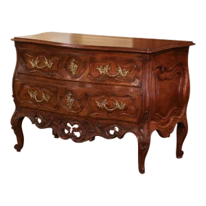 18th Century French Louis XV Carved Walnut Bombe Two-Drawer Commode From Nimes