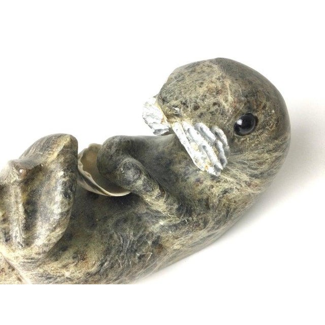 Stone 1960s Inuit Stone Carving of a Seal With Shell Signed Drake For Sale - Image 7 of 11