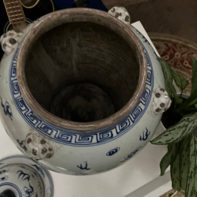Large Blue & White Porcelain Dragon Temple Jar With Foo Dog Lid For Sale - Image 9 of 12