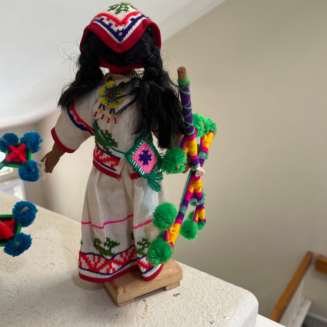1980s Vintage Native 2 Set Traditional Mexican Huichol Hand-Decorated Dolls -14 Inches For Sale - Image 5 of 11