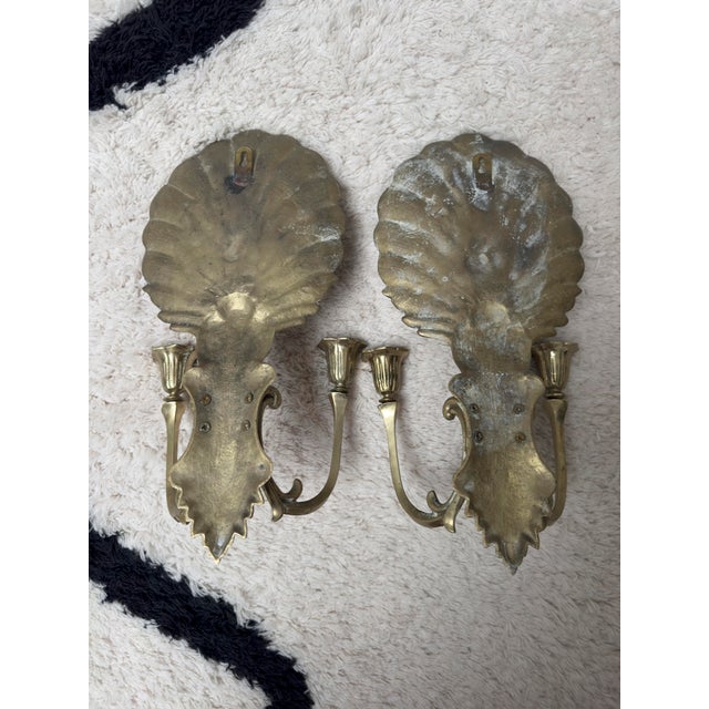 Exceedingly elegant neoclassical shell motif candelabra wall sconces in very detailed solid cast bronze with champagne...