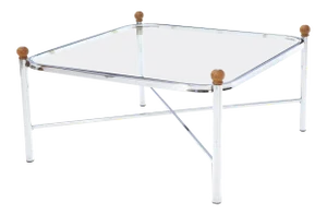 Square Rounded Corners Wood Finials X-Stretcher Base Chrome Coffee Table