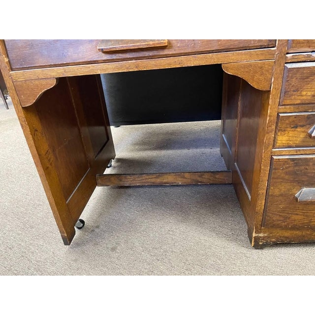 Antique Tiger Oak Roll Top Desk, Accordion Style, 5 Drawers, Solid Wood For Sale - Image 9 of 10