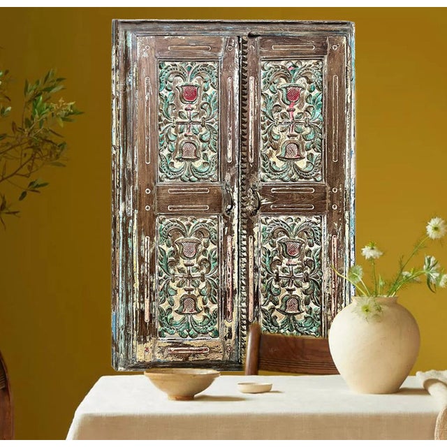 Antique Indian Hand-Carved Jharokha Window Shutter Wall Décor | Rustic Architectural Salvage 57 For Sale - Image 4 of 4