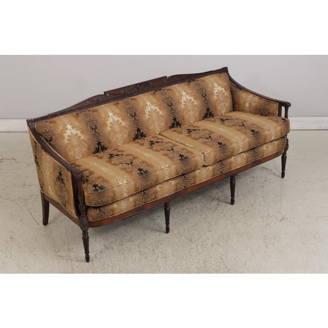Age: c1870s Details: Damask Upholstery Winged Eagle Carved Top Tapered Fluted Legs Stunning Antique Sofa Fine Carved...