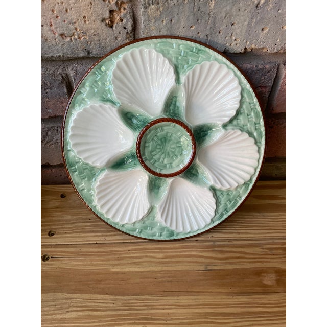 1930s French Longchamp Green and White Majolica Oyster Plate For Sale - Image 16 of 16