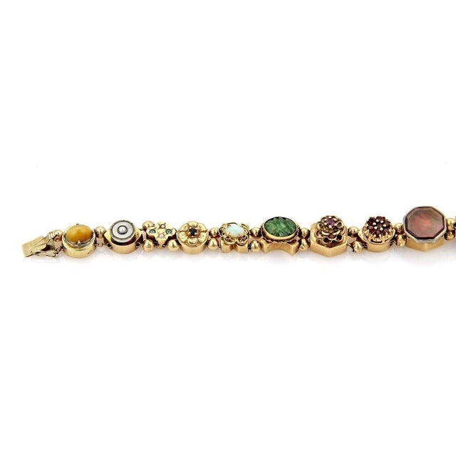 Contemporary Mid 20th Century Multicolor Gems 14k Yellow Gold Slide Charm Bracelet For Sale - Image 3 of 6