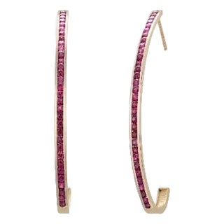 14k Yellow Gold 2 Inch Long Half Hoop Ruby Earrings 1.86 Carats, A Pair For Sale