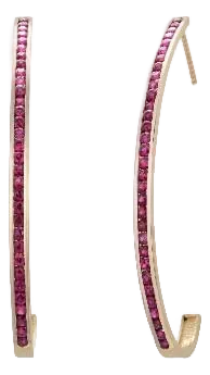 14k Yellow Gold 2 Inch Long Half Hoop Ruby Earrings 1.86 Carats, A Pair