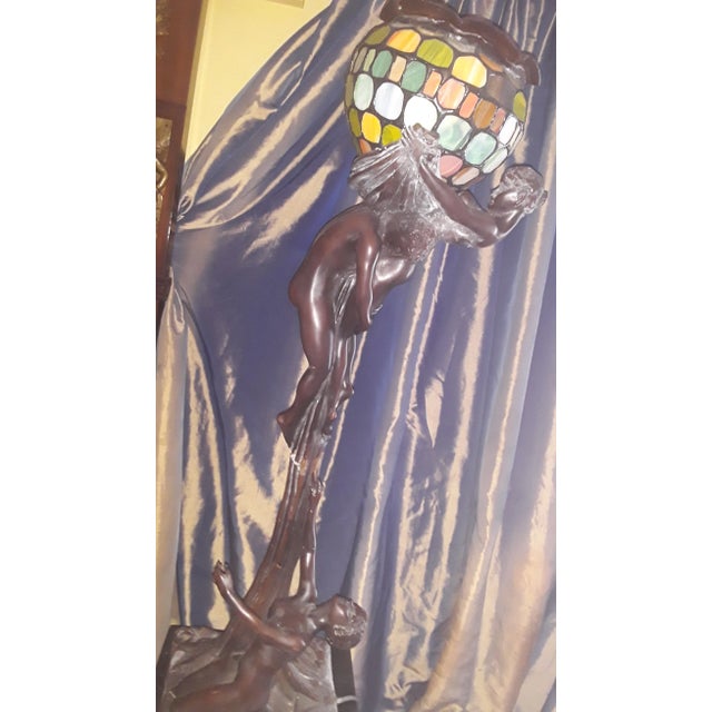 19thc Art Nouveau Signed Gustave Gurschner Cast Bronze Art Glass Tiled Floor/ Large Table Lamp For Sale - Image 12 of 12