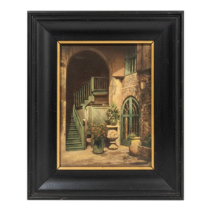 “Old Brulatour Courtyard” – Attributed to Eugene Delcroix (1891–1967), Signed French Quarter Art, Historic Arts & Crafts Club Site