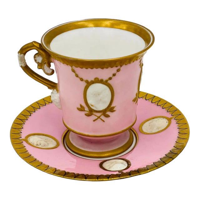 Antique Old Paris Empire Style Classical Teacup & Saucer with Bisque Faces & Ram Head For Sale
