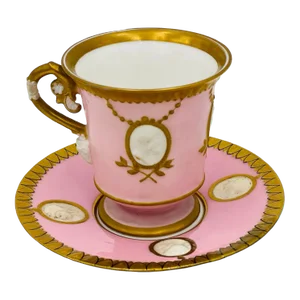 Antique Old Paris Empire Style Classical Teacup & Saucer with Bisque Faces & Ram Head