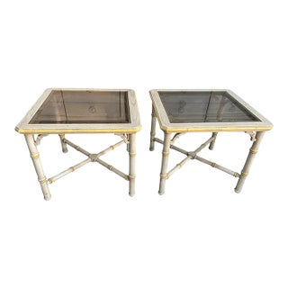 Pair Vintage Faux Bamboo Glass Top Tables For Sale