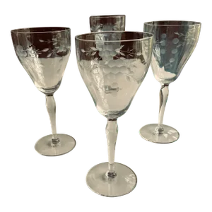 Vintage Floral Etched Clear Wine Glasses Set of 4